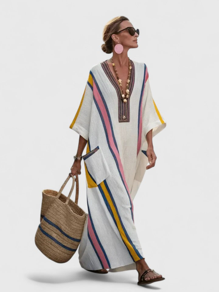 Women’s Linen Blend Kaftan Maxi Dress – Deep V-Neck Stripe Print Airy Flow Dress