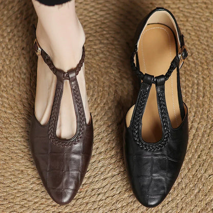 Women's T-Strap Mary Jane Flats with Pointed Toe and Classic Design