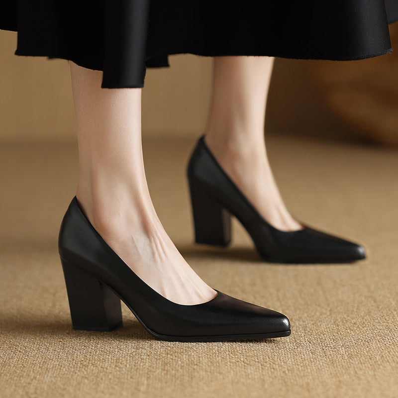 Women's Block Heel Pumps with Pointed Toe and Slip-On Design