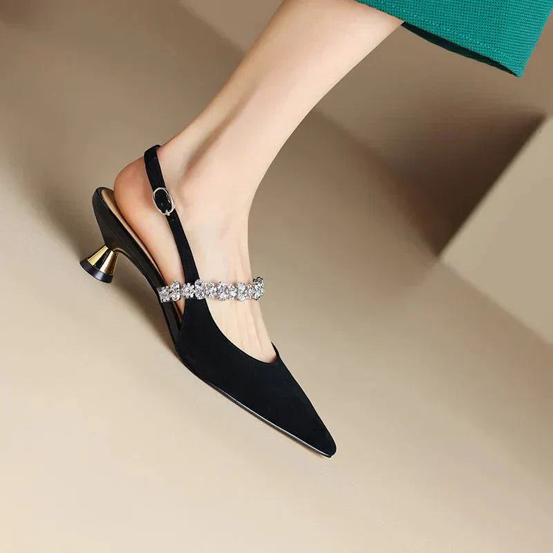 Women's Slingback Heels with Crystal Strap and Pointed Toe