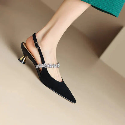 Women's Slingback Heels with Crystal Strap and Pointed Toe