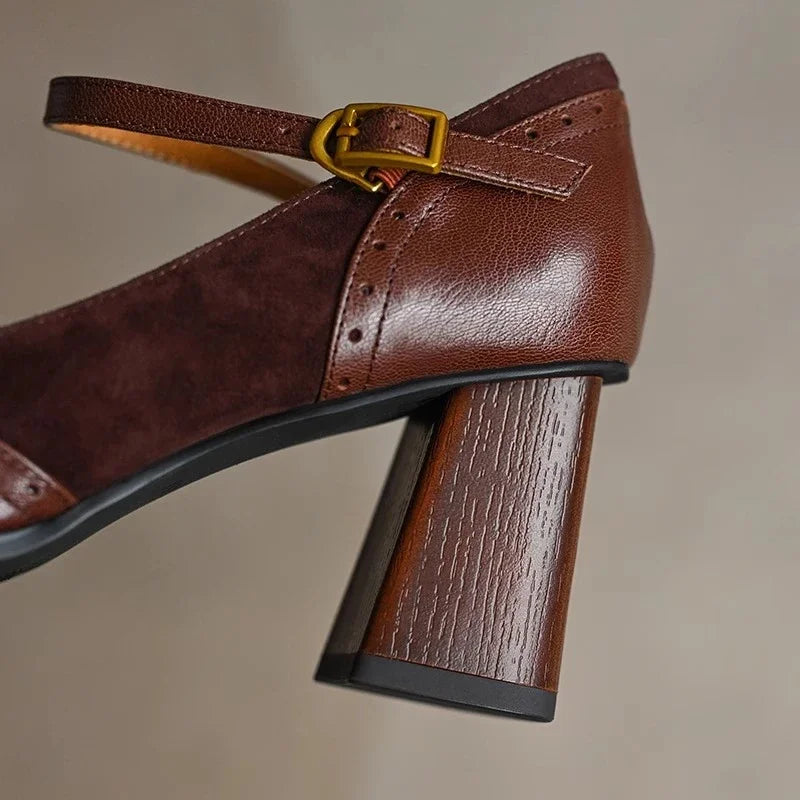 Women's Square Toe Block Heel Pumps with Ankle Strap and Brogue Detail