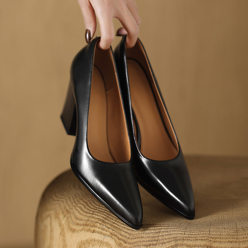 Women's Block Heel Pumps with Pointed Toe and Slip-On Design