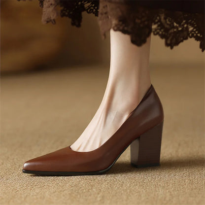 Women's Block Heel Pumps with Pointed Toe and Slip-On Design