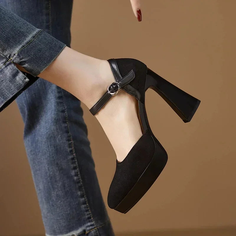 Women's Platform Block Heel Pumps with Ankle Strap and Sturdy Base