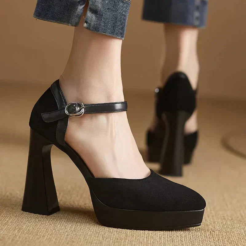 Women's Platform Block Heel Pumps with Ankle Strap and Sturdy Base