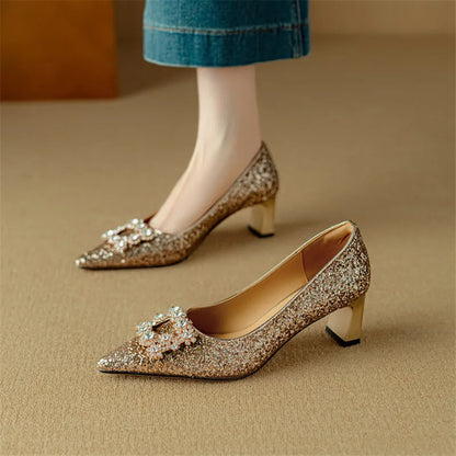 Women's Glitter Block Heel Pumps with Pointed Toe and Crystal Buckle
