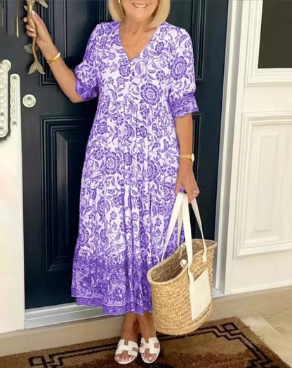 Women's Floral Dress with V-Neck and A-Line Skirt