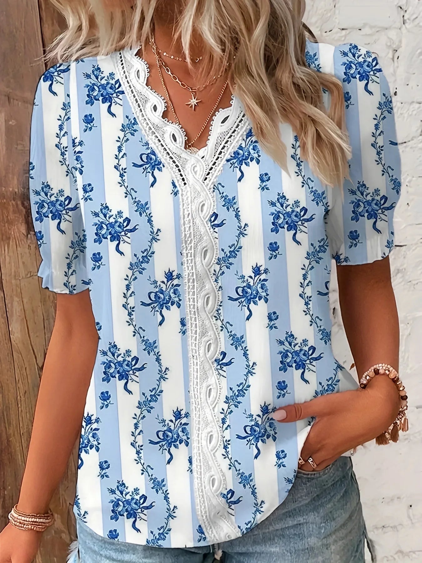 Women's Floral Lace Blouse with V-Neck and Short Sleeves