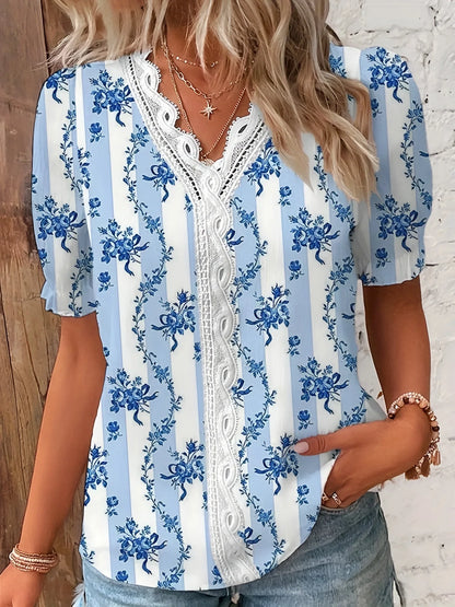 Women's Floral Lace Blouse with V-Neck and Short Sleeves