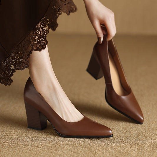 Women's Block Heel Pumps with Pointed Toe and Slip-On Design