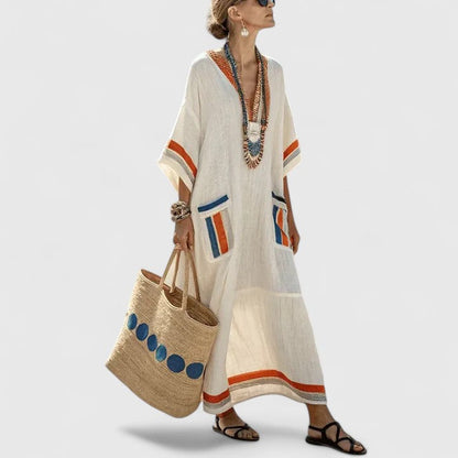 Women’s Mint Stripe Linen Blend Maxi Dress – V-Neck Teal Embroidered Trim Hidden Pockets Dress