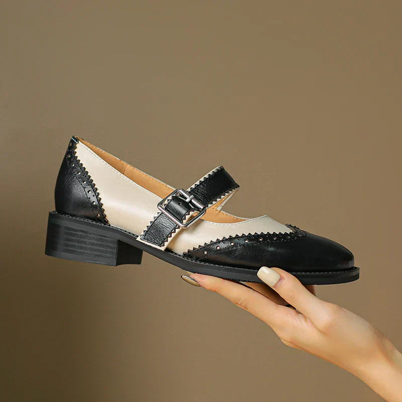 Women's Two-Tone Mary Jane Shoes with Brogue Design and T-Strap