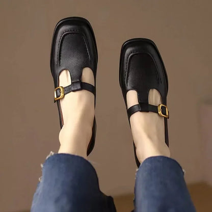 Women's T-Strap Mary Jane Shoes with Square Toe and Low Block Heel