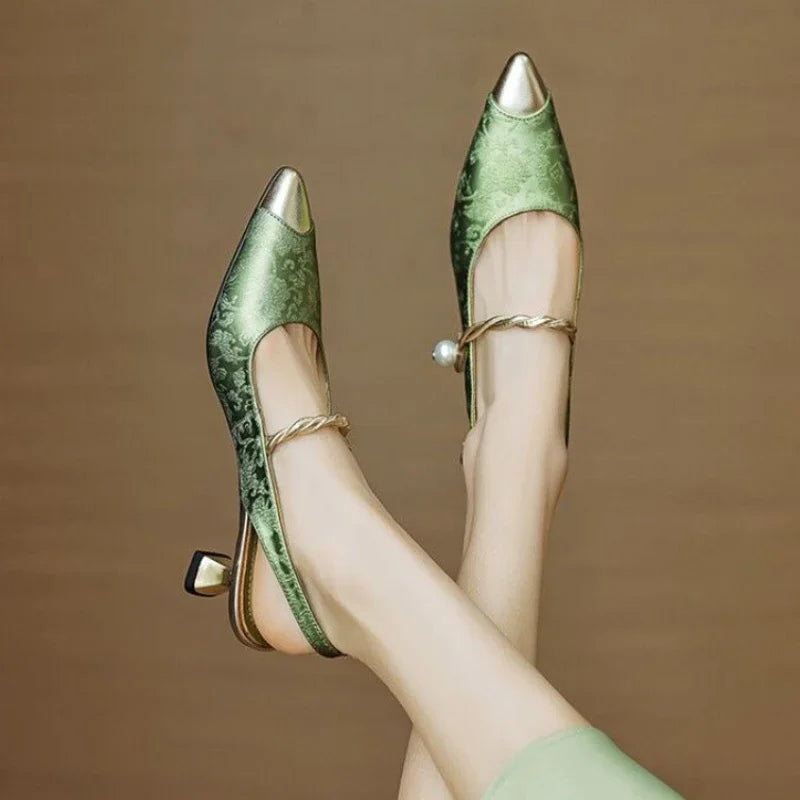 Women's Slingback Kitten Heels with Pearl Strap and Pointed Toe
