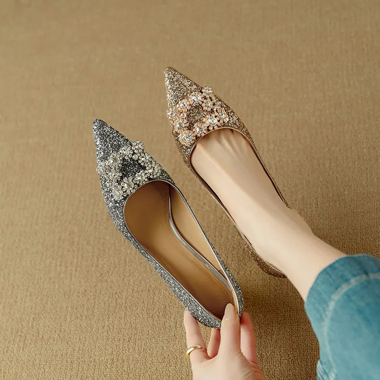 Women's Glitter Block Heel Pumps with Pointed Toe and Crystal Buckle