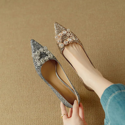 Women's Glitter Block Heel Pumps with Pointed Toe and Crystal Buckle