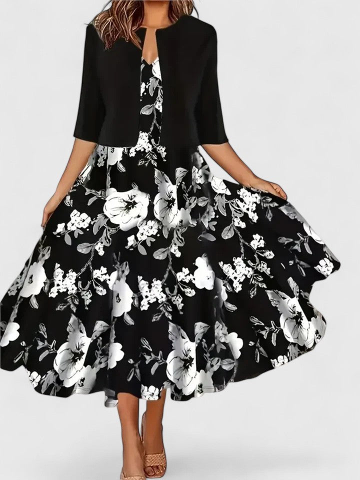Women’s Color Block Floral Midi Dress – Royal Blue Dramatic Bodice Luxurious Dress