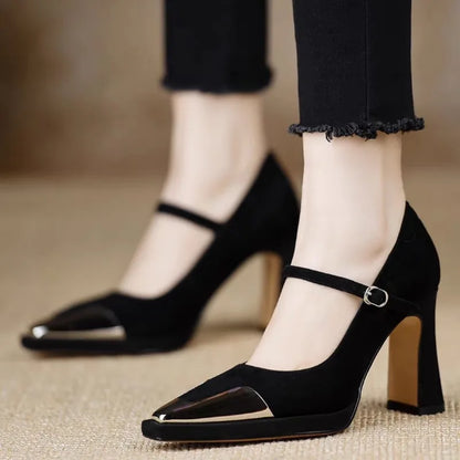 Women's Mary Jane High Heel Pumps with Cap Toe and Block Heel