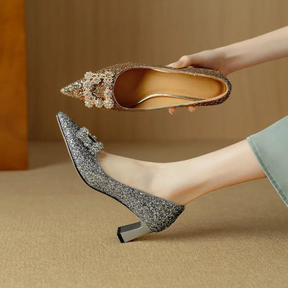 Women's Glitter Block Heel Pumps with Pointed Toe and Crystal Buckle