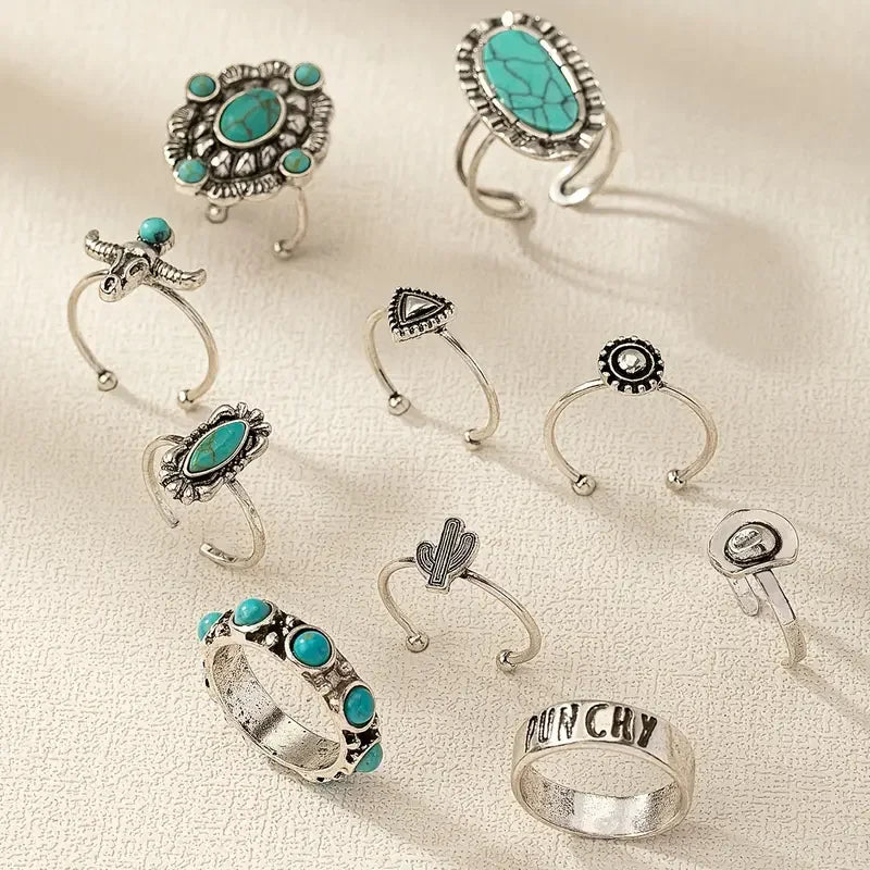 Women's Western-Inspired Ring Set with 10 Unique Pieces and Versatile Styles