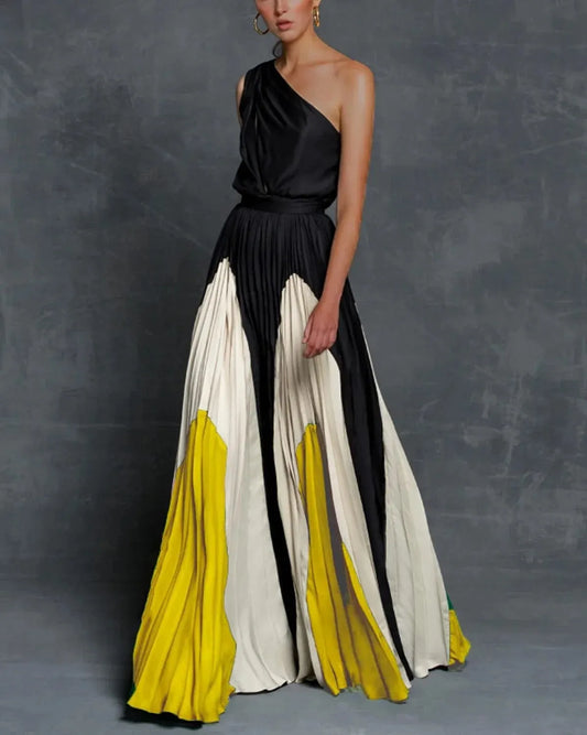 Elegant One-Shoulder Design Color Block Pleated Dramatic Evening Silhouette Maxi Dress