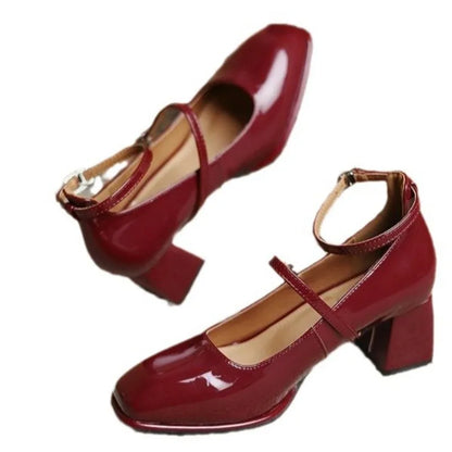 Women's Ankle Strap Block Heel Pumps with Square Toe and Classic Design