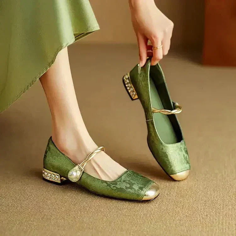 Women's Mary Jane Shoes with Pearl Strap and Block Heel