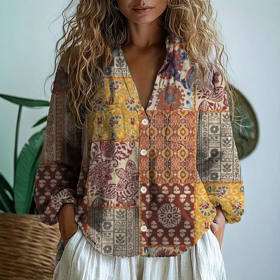 Women's Relaxed Blouse with Nature Print and Short Sleeves