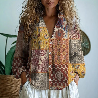 Women's Relaxed Blouse with Nature Print and Short Sleeves
