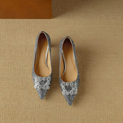 Women's Glitter Block Heel Pumps with Pointed Toe and Crystal Buckle