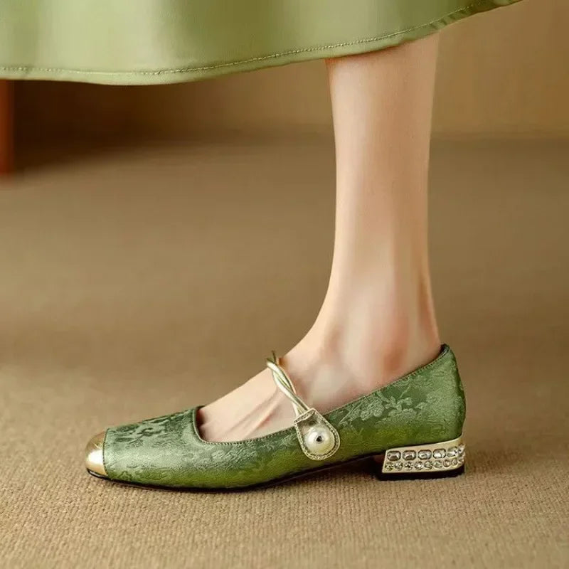 Women's Mary Jane Shoes with Pearl Strap and Block Heel