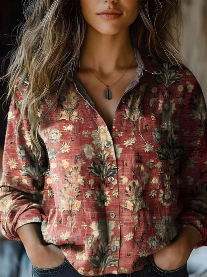 Women's Long Sleeve Button-Down Shirt with Floral Print and Autumn Colors
