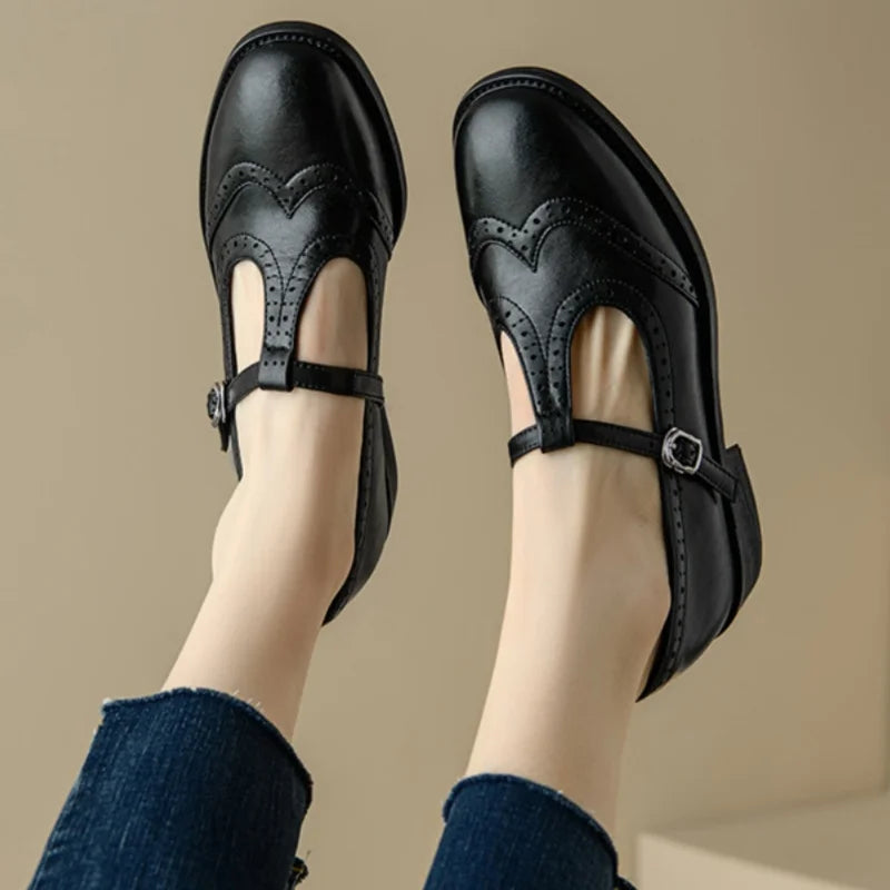 Women's T-Strap Mary Jane Shoes with Low Block Heel and Buckle Closure