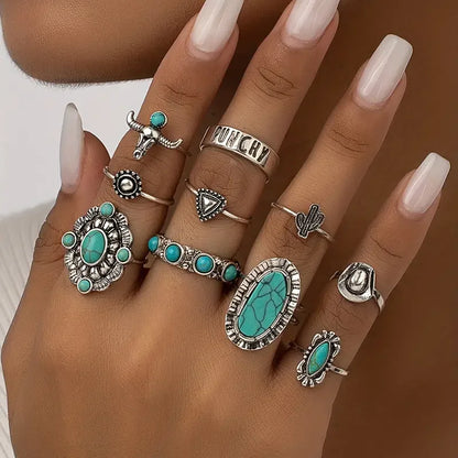Women's Western-Inspired Ring Set with 10 Unique Pieces and Versatile Styles