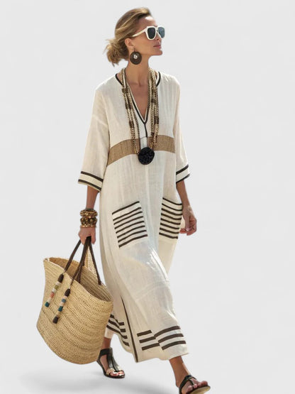 Women’s Linen Blend Kaftan Maxi Dress – Deep V-Neck Stripe Print Airy Flow Dress
