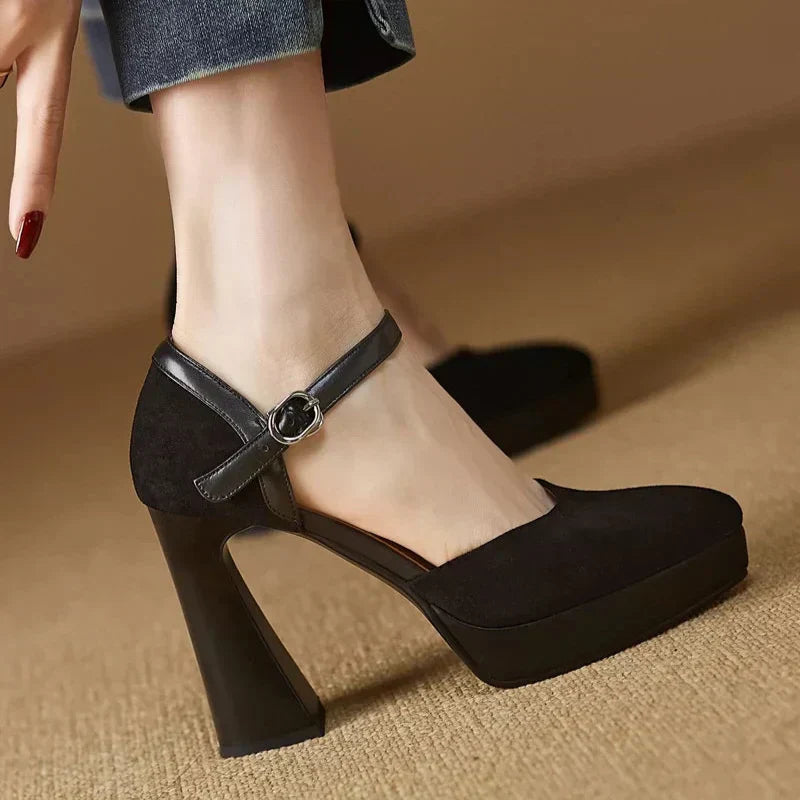 Women's Platform Block Heel Pumps with Ankle Strap and Sturdy Base