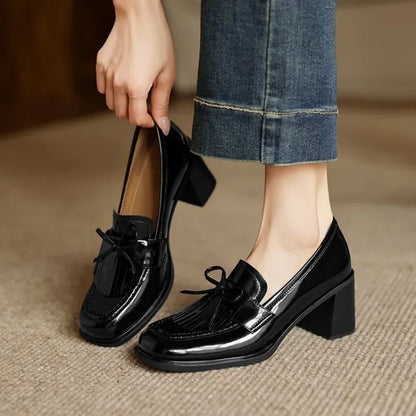 Women's Tassel Loafer Pumps with Block Heel and Round Toe