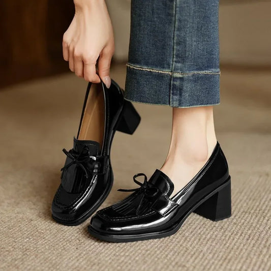 Women's Tassel Loafer Pumps with Block Heel and Round Toe