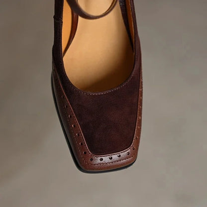 Women's Square Toe Block Heel Pumps with Ankle Strap and Brogue Detail