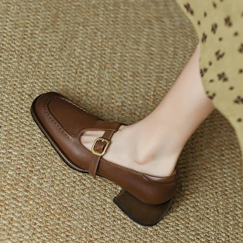 Women's T-Strap Mary Jane Shoes with Square Toe and Low Block Heel