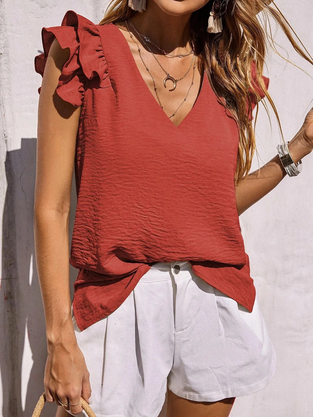 Women's Summer Top with Ruffle Sleeves and Lightweight Fabric