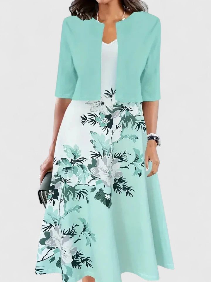 Women’s Color Block Floral Midi Dress – Royal Blue Dramatic Bodice Luxurious Dress