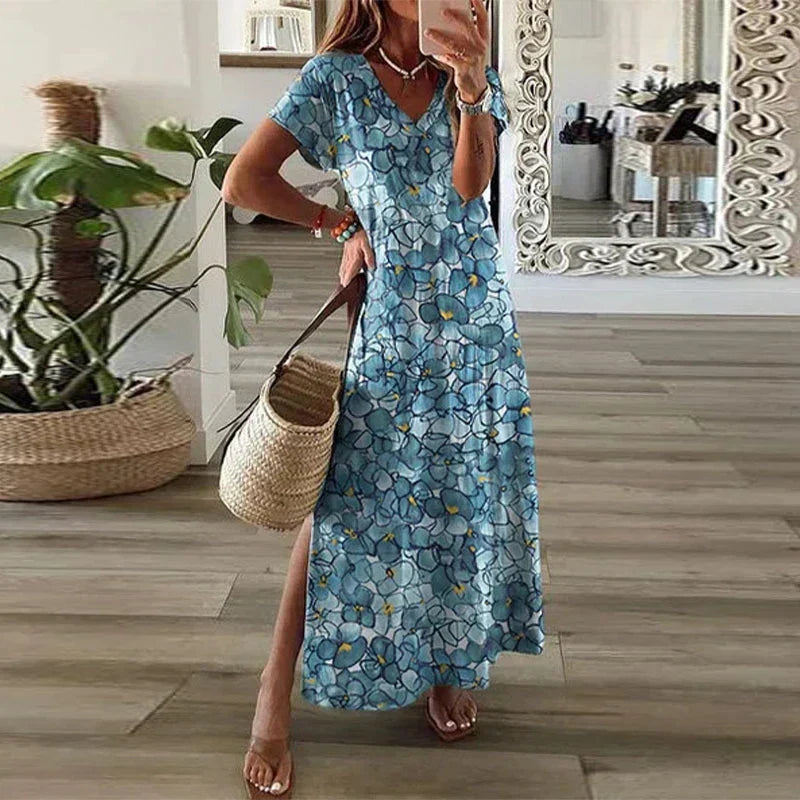 Women’s Boho Chic Damask Print Maxi Dress – Watercolor Floral Short Sleeve Side Split Dress