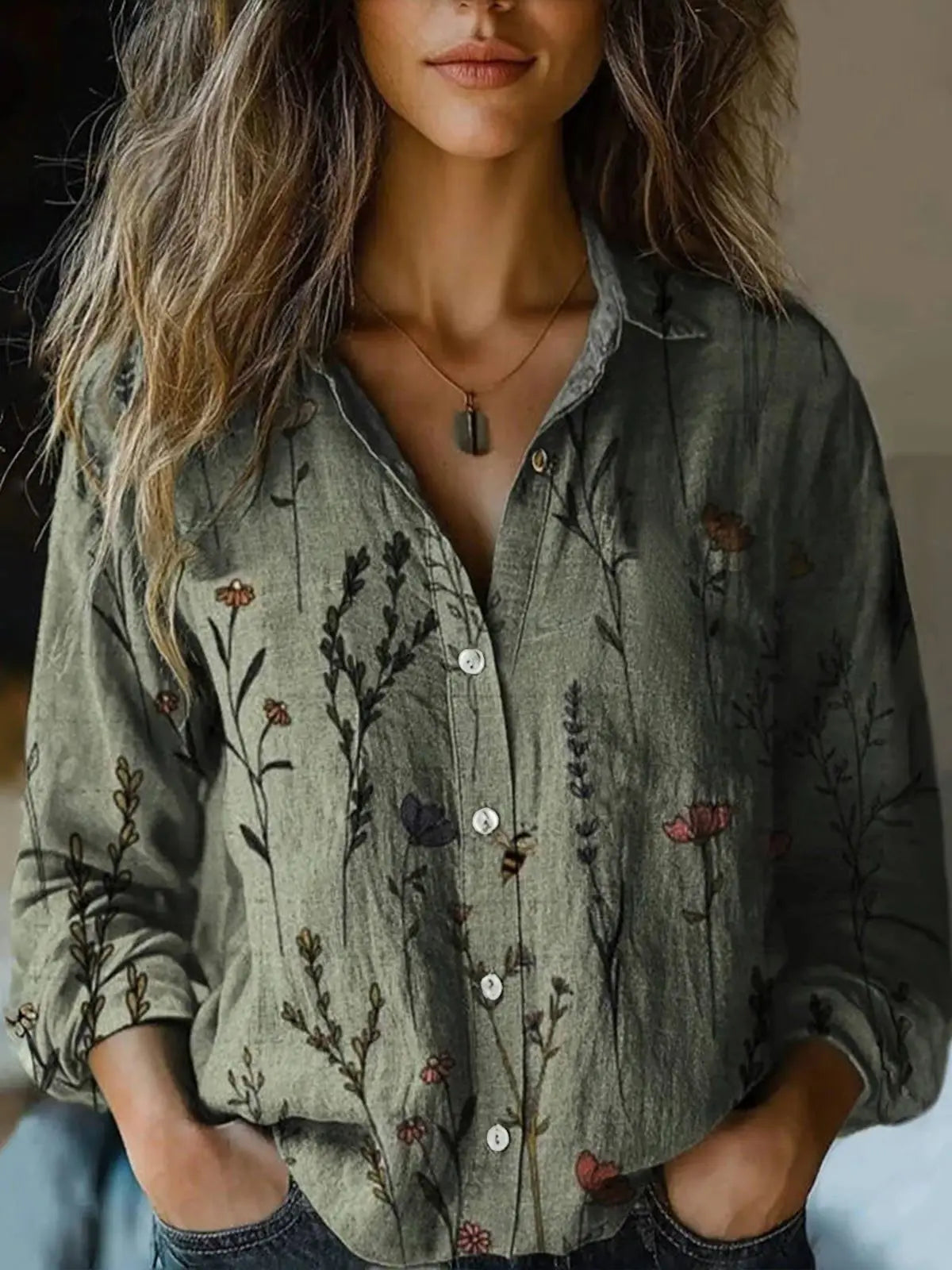 Women's Long Sleeve Button-Down Shirt with Floral Print and Autumn Colors