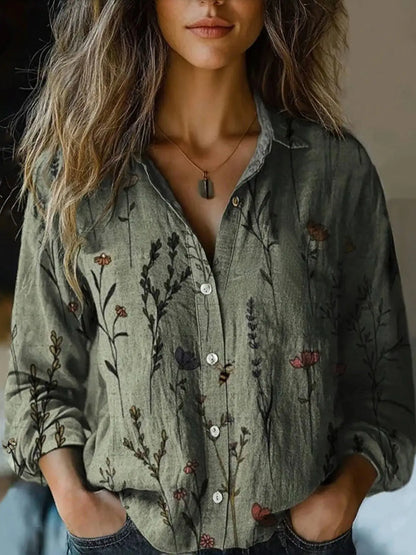 Women's Long Sleeve Button-Down Shirt with Floral Print and Autumn Colors