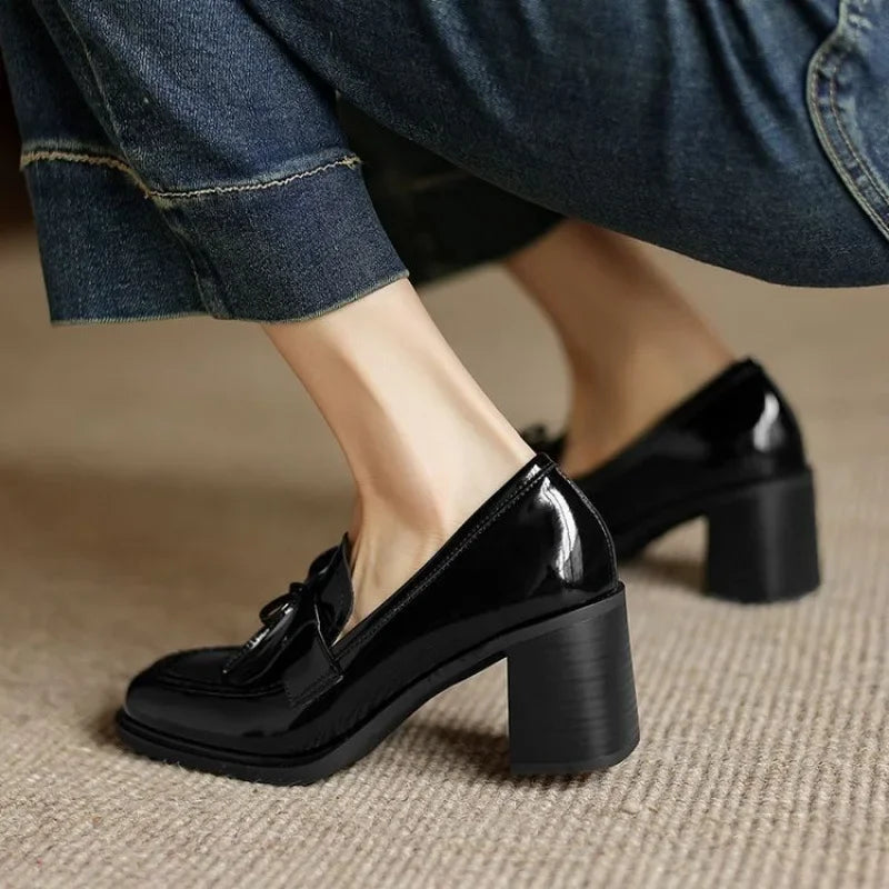 Women's Tassel Loafer Pumps with Block Heel and Round Toe