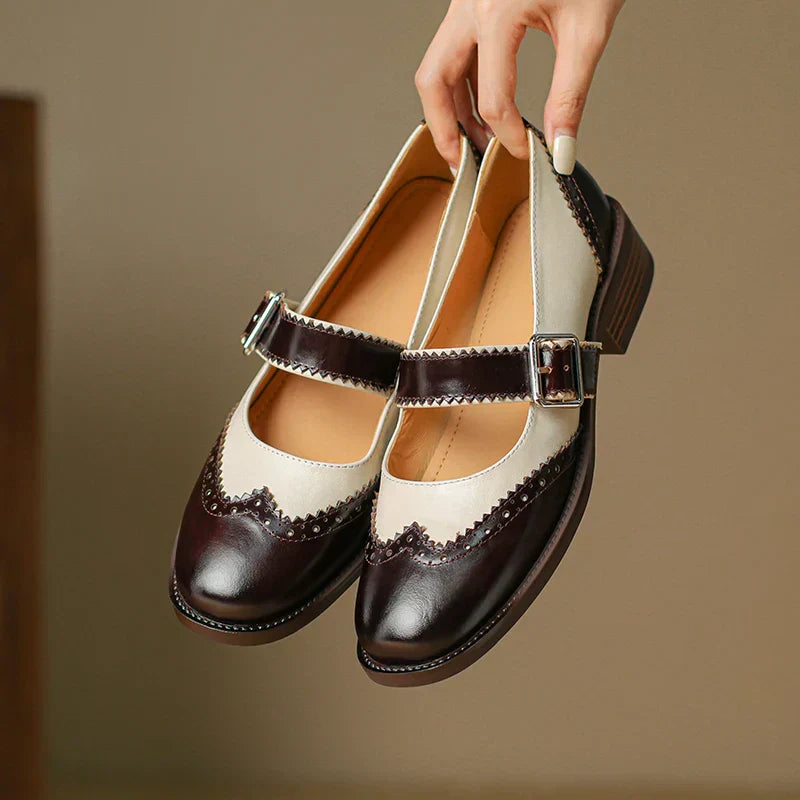 Women's Two-Tone Mary Jane Shoes with Brogue Design and T-Strap
