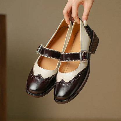 Women's Two-Tone Mary Jane Shoes with Brogue Design and T-Strap