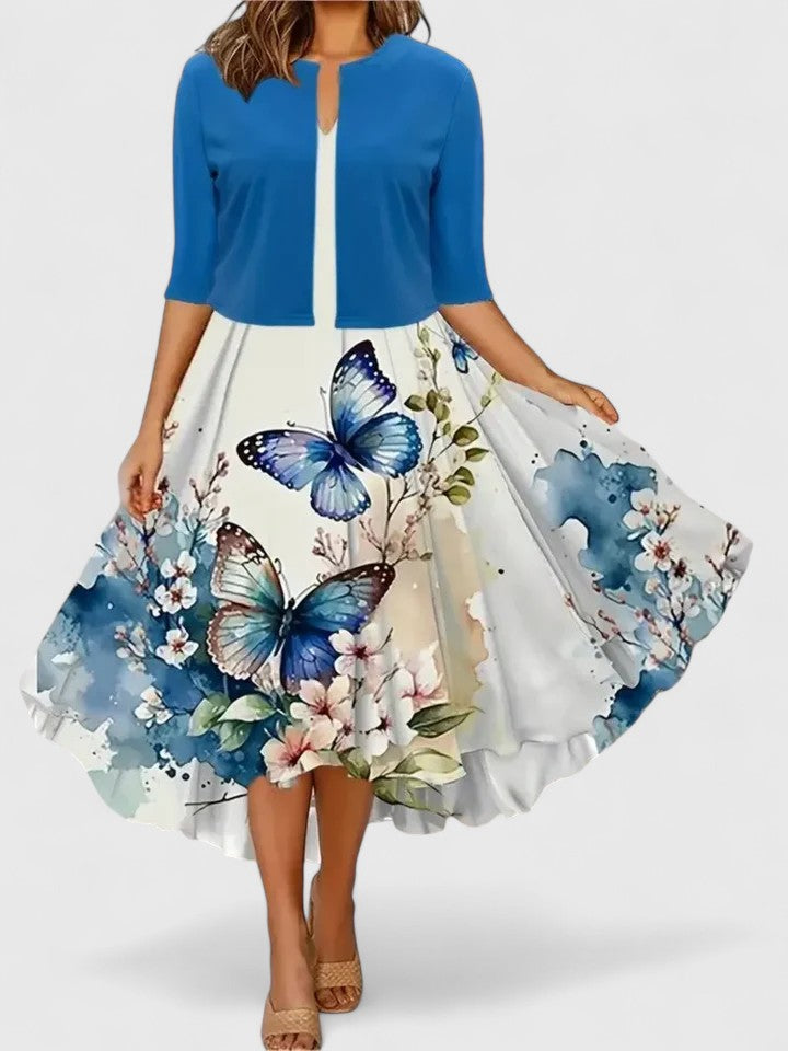 Women’s Color Block Floral Midi Dress – Royal Blue Dramatic Bodice Luxurious Dress